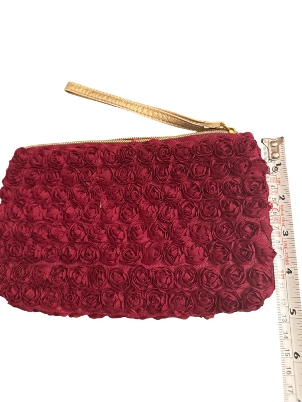 Neiman Marcus Burgundy Rose-Embroidered Wristlet with Gold Strap